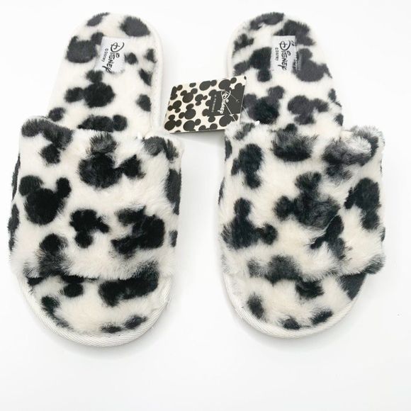 Disney Womens White Mickey Mouse Faux Fur Flat Slip On Slide Sandals - Picture 4 of 11